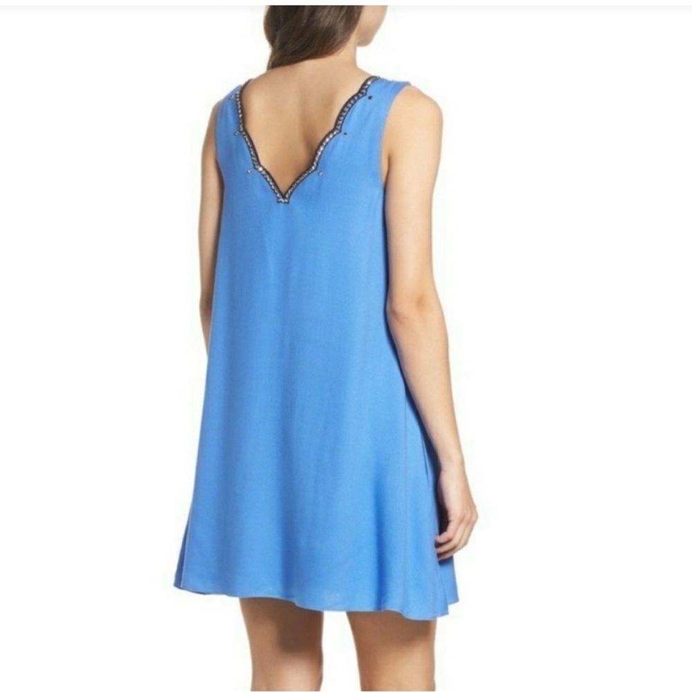 Lilly Pulitzer Owen Blue Embelished Swing Dress Gold Jewel Navy Embroidery Trim - Picture 3 of 10